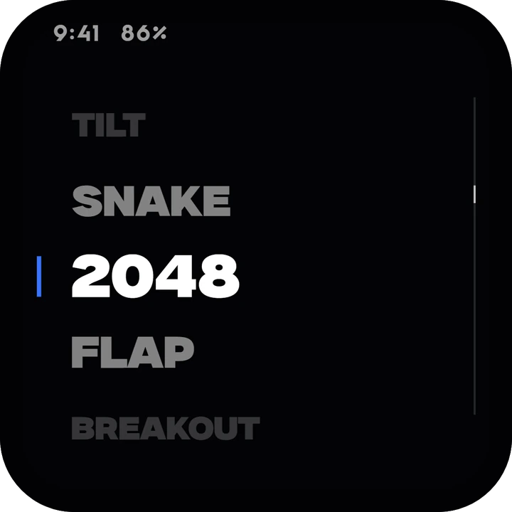 The home list: TILT, SNAKE, 2048, FLAP, BREAKOUT